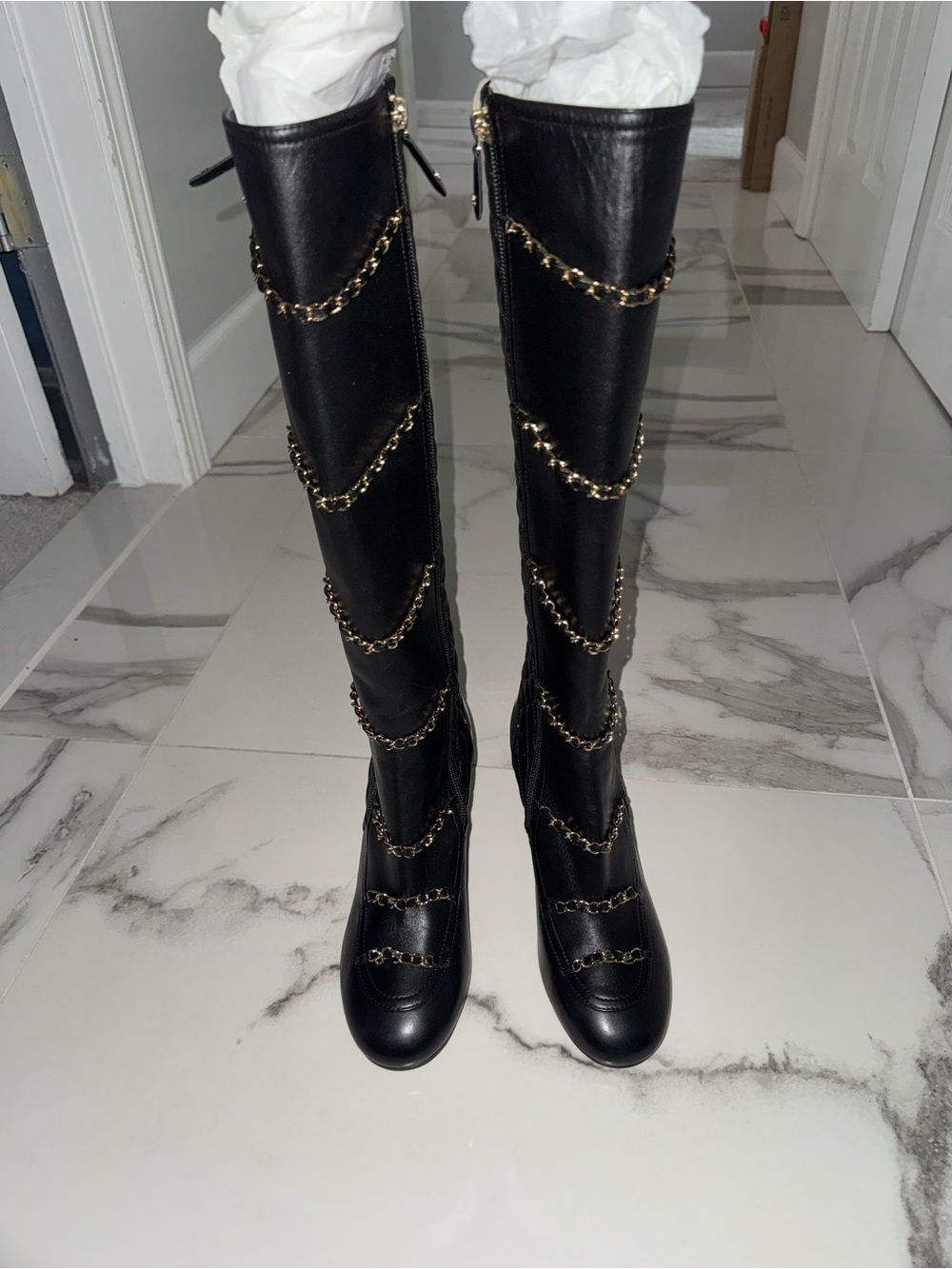 Chanel Black  Leather Boots with Gold Chain Detail 38